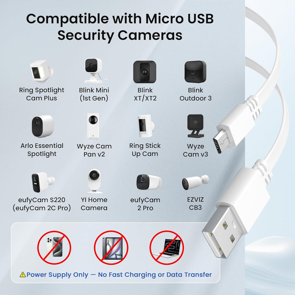 Flat USB a to Micro USB Power Extension Cable 20FT/6M 2Pack,White | Long Charging Extender Cord Wire Replacement for Security Camera,Blink Mini/Xt2,Wyze Cam V4/Og,Yi Home,Ring,Arlo,Eufy,Ezviz