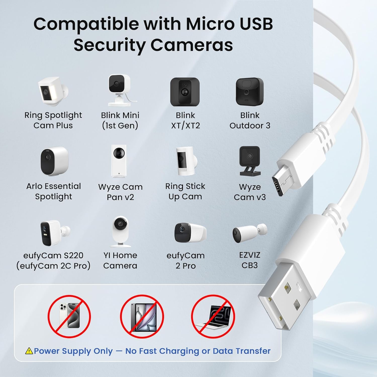 Flat USB a to Micro USB Power Extension Cable 20FT/6M 2Pack,White | Long Charging Extender Cord Wire Replacement for Security Camera,Blink Mini/Xt2,Wyze Cam V4/Og,Yi Home,Ring,Arlo,Eufy,Ezviz