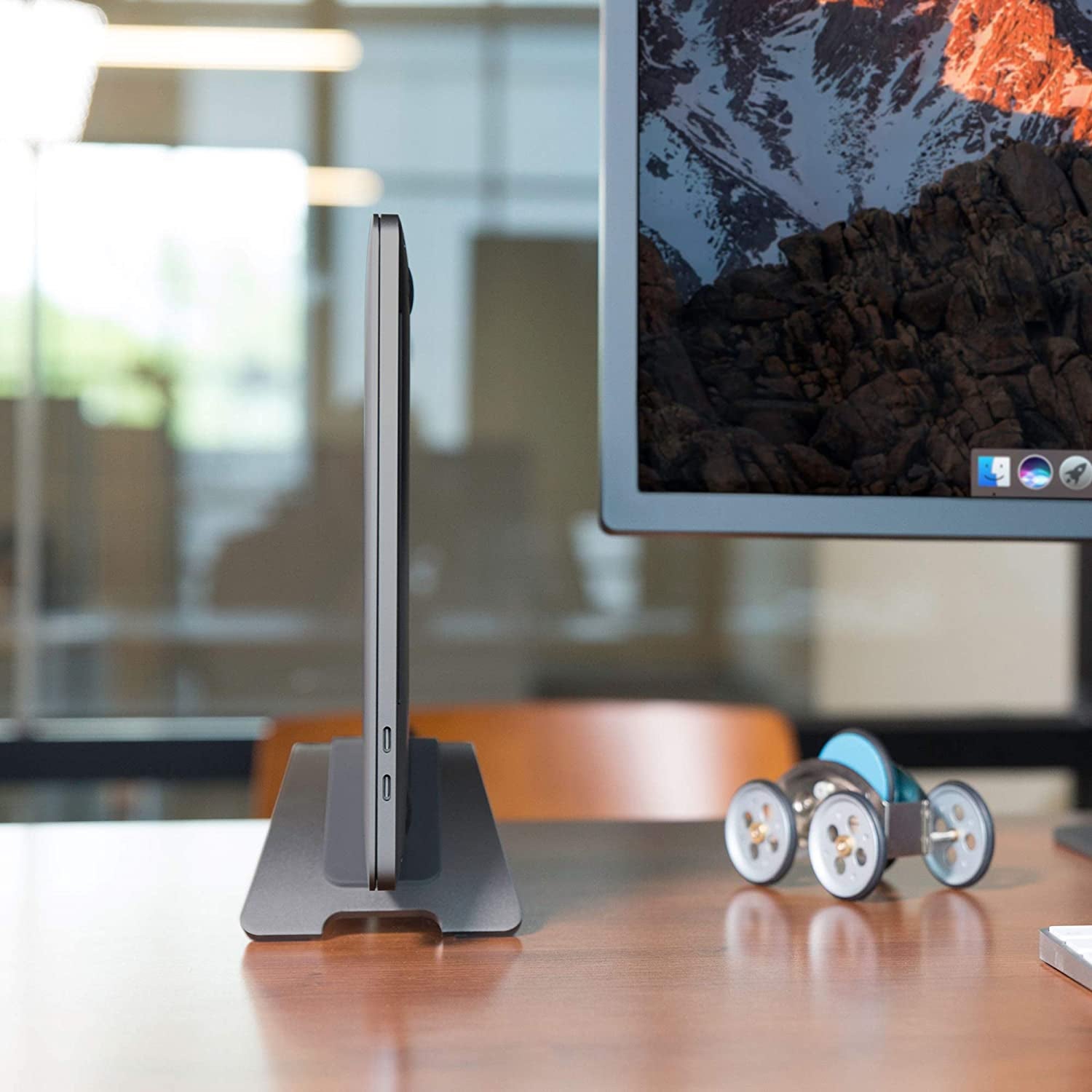 Bookarc for Macbook, Space-Saving Vertical Desktop Stand, Grey | Compact Laptop Stand for Comfortable Desktop Setup, Space-Saving Design, External Display Compatible, Silicone Insert