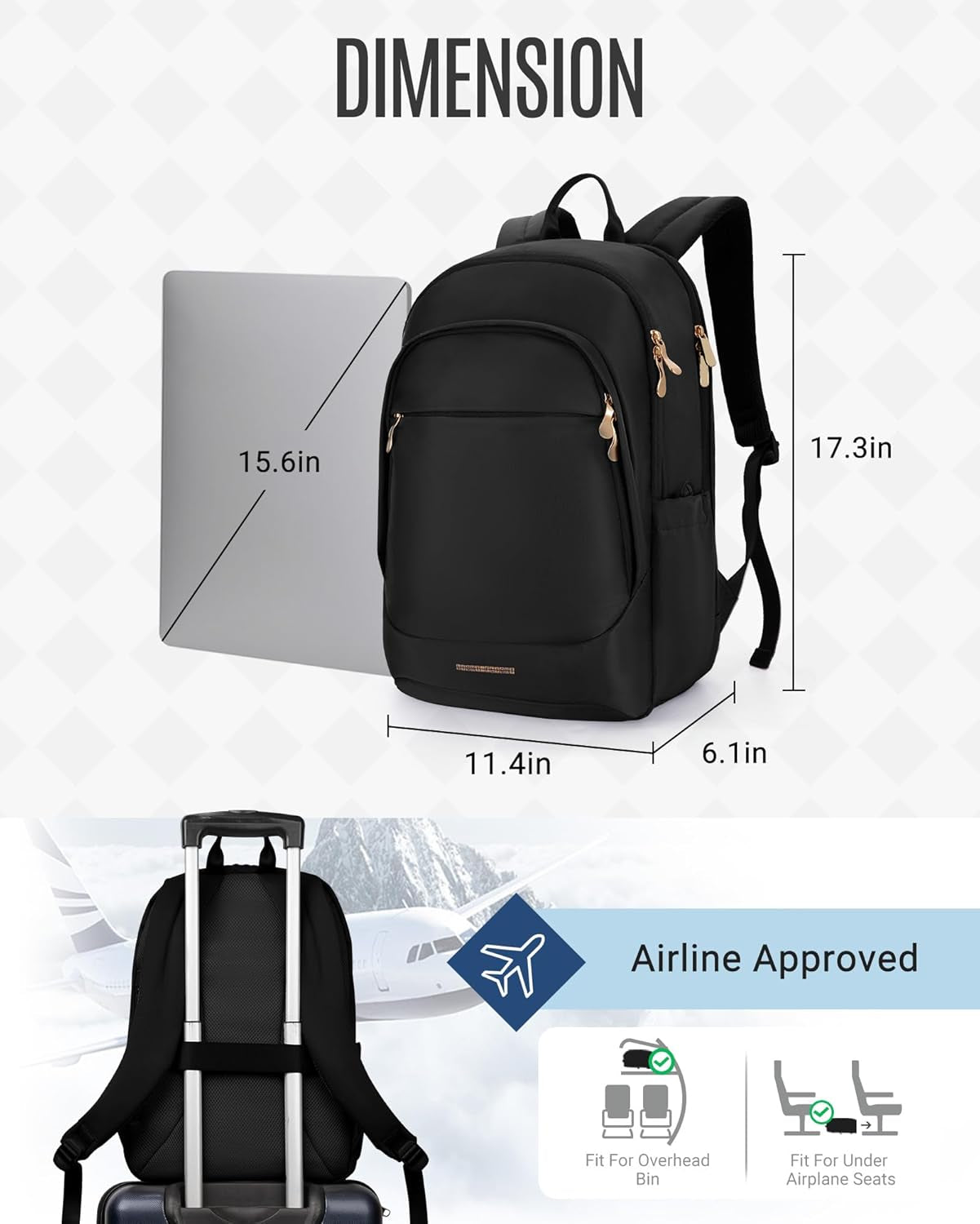 Travel Backpack for Women, 15.6 Inch Laptop Daypack | Fits 15.6 Inch Laptop, Personal Carry-On Size, Water Resistant Nylon, Gold Zipper, Commute Daypack for College Travel Work