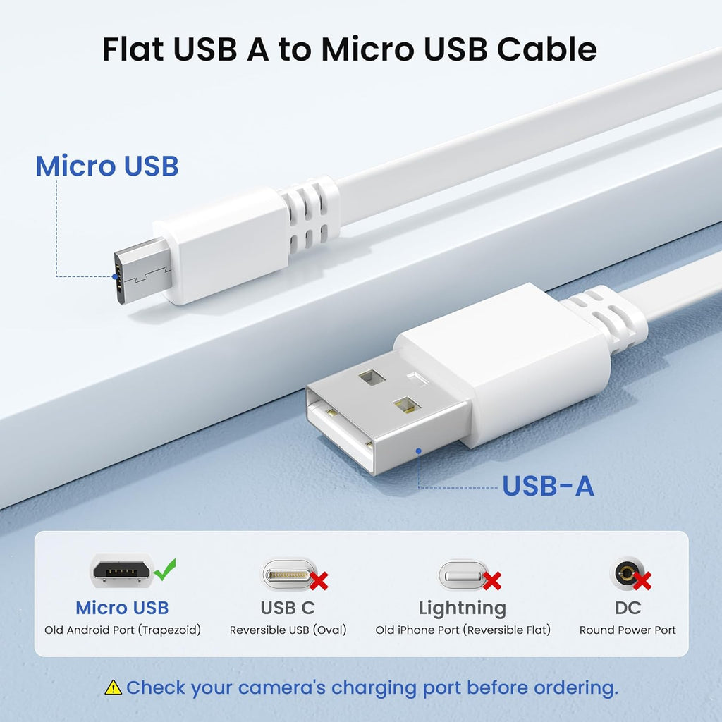 Flat USB a to Micro USB Power Extension Cable 20FT/6M 2Pack,White | Long Charging Extender Cord Wire Replacement for Security Camera,Blink Mini/Xt2,Wyze Cam V4/Og,Yi Home,Ring,Arlo,Eufy,Ezviz