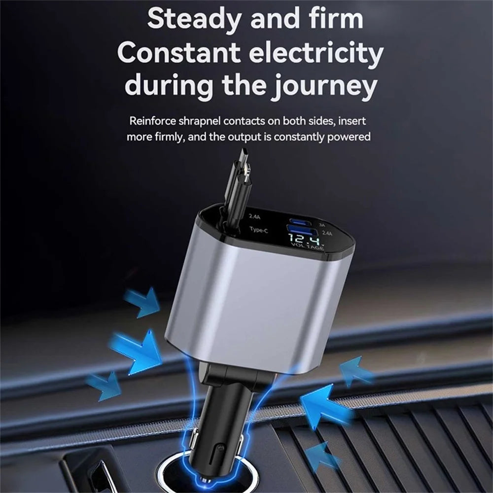 4 in 1 Retractable Car Charger, 120W Fast Car Phone Charger with Iphone and Type C Cable and 2 Charging Ports Car Charger Adapter