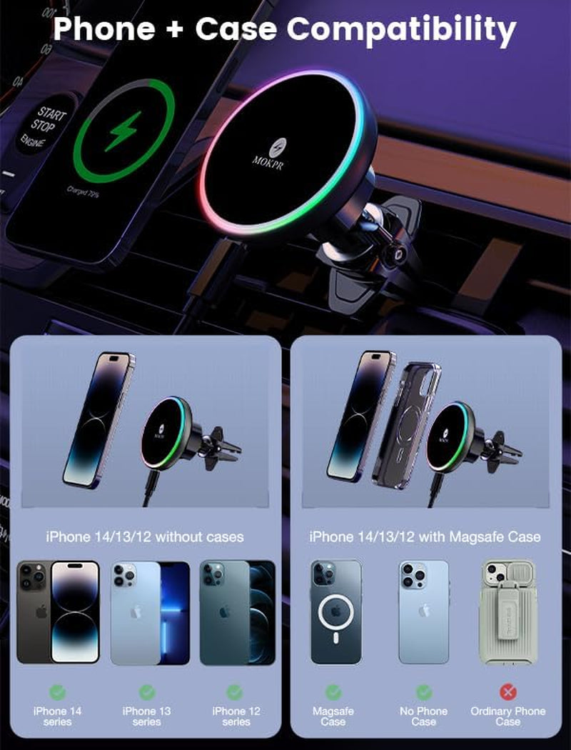 For Magsafe Car Mount Charger 15W LED RGB Car Phone Holder for Dash Vent | Handsfree Magnetic Wireless Car Charger Car Mount Fast Car Charger for Iphone 17 16 15/14/13/12 Series