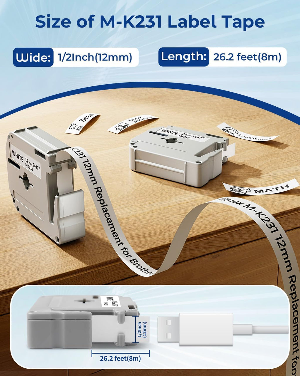 M-K231 12Mm Replacement for Brother M Tape 0.47'' White M-K231S Label Tape | Compatible with Brother PTM95 PT-90 PT-70 PT-65 PT-60 Ptouch Label Maker (NOT for PTD210 PTD220 PTN20, NO Tze TZ Btag Tape)