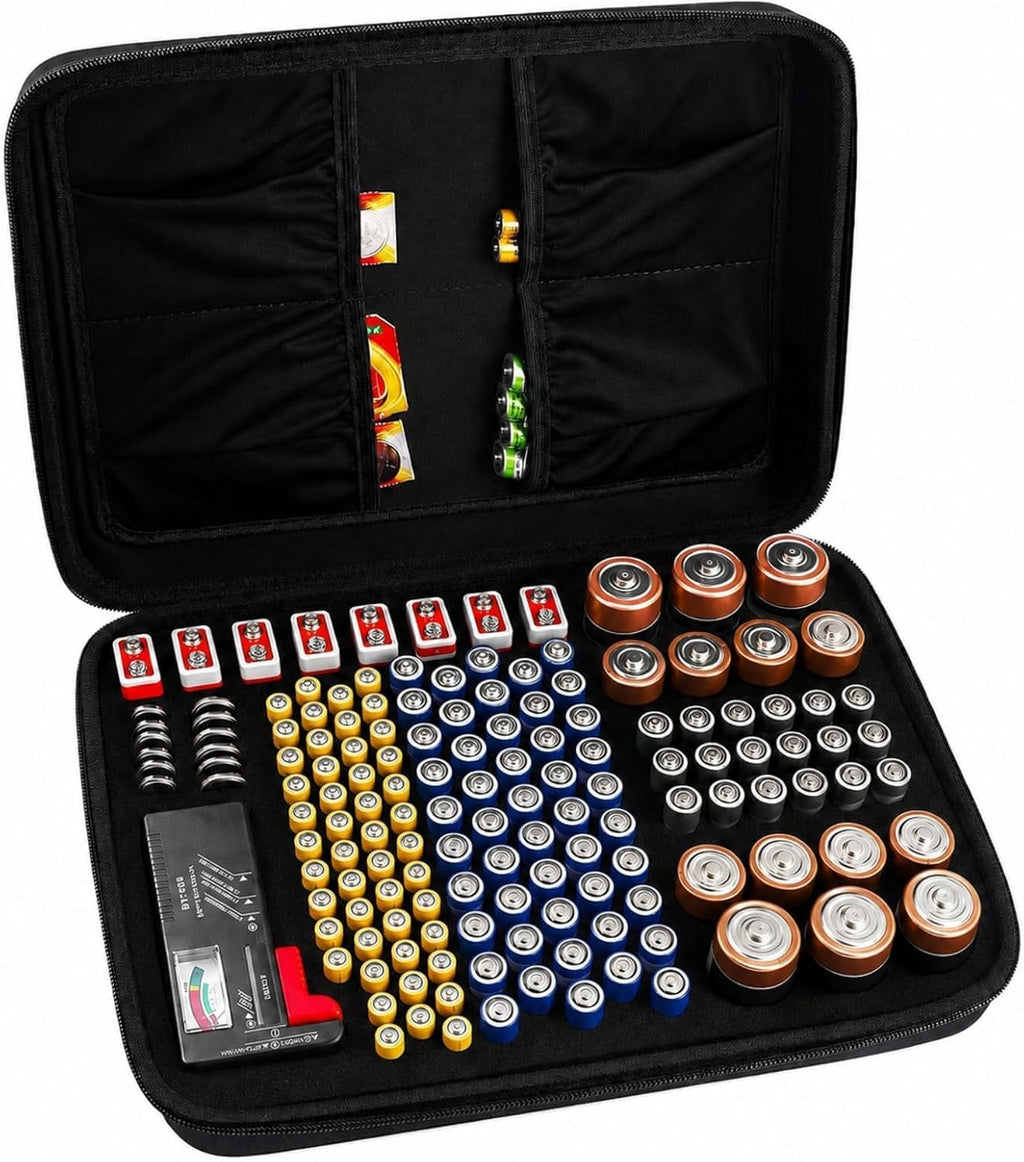 Battery Storage Case with Tester, Holds 148+ AA AAA C D 9V, Black | Hard-Shell Design, Carry Handle and Custom Foam Slots Keep Batteries Visible, Separated and Ready for Home, Garage or Office