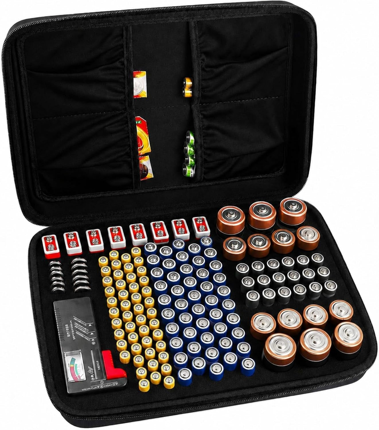 Battery Storage Case with Tester, Holds 148+ AA AAA C D 9V, Black | Hard-Shell Design, Carry Handle and Custom Foam Slots Keep Batteries Visible, Separated and Ready for Home, Garage or Office