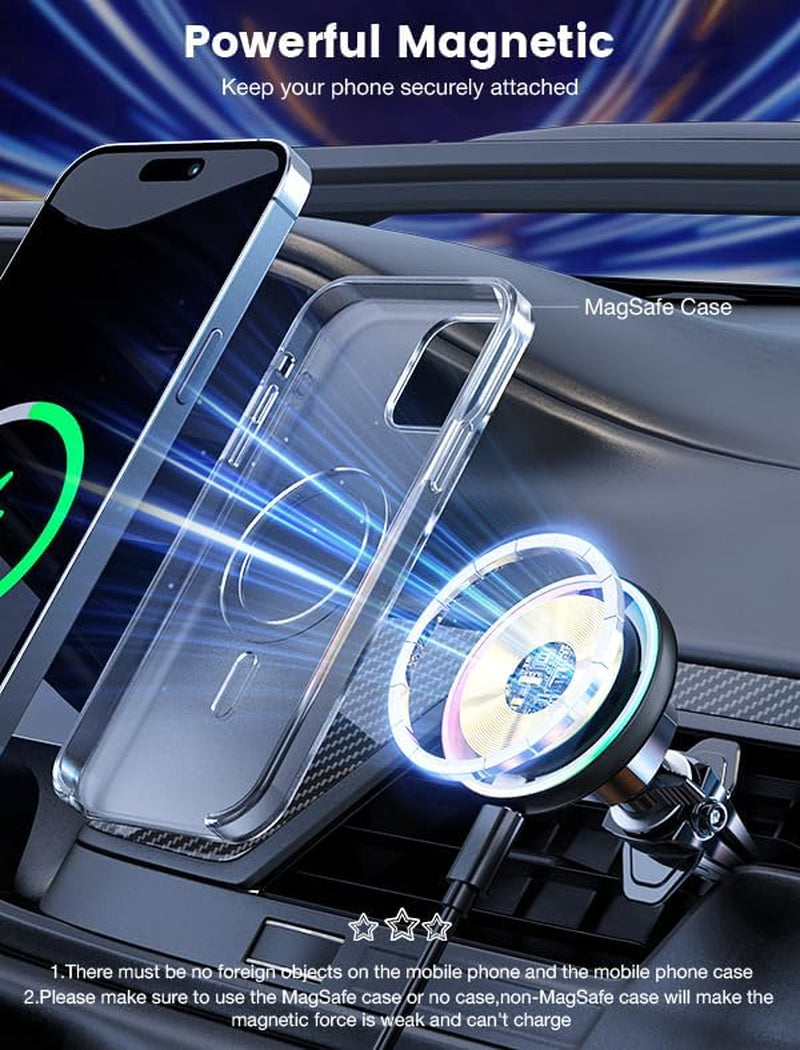 For Magsafe Car Mount Charger 15W LED RGB Car Phone Holder for Dash Vent | Handsfree Magnetic Wireless Car Charger Car Mount Fast Car Charger for Iphone 17 16 15/14/13/12 Series