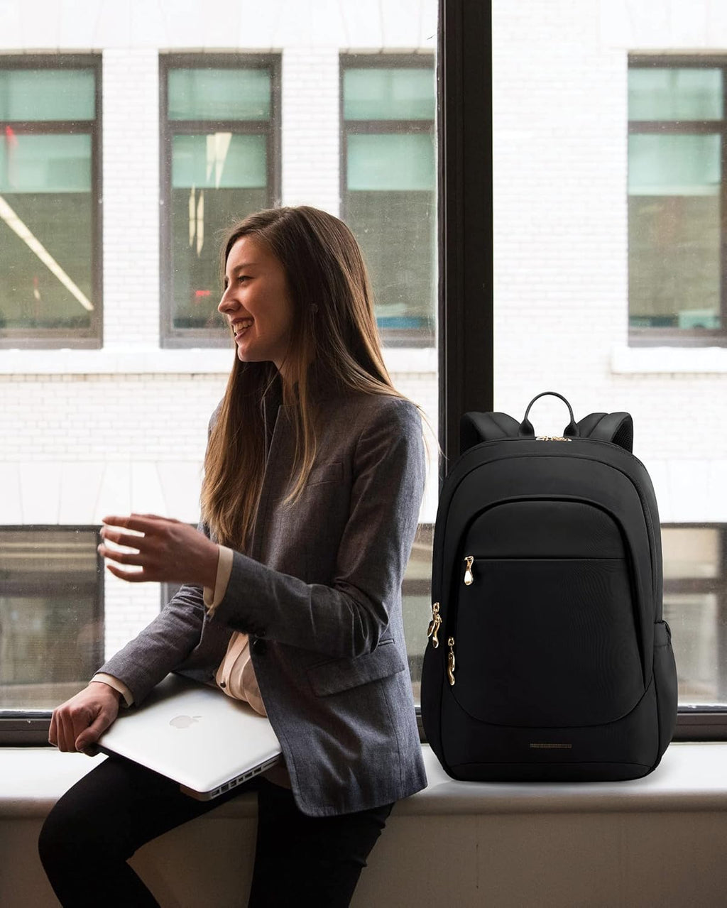 Travel Backpack for Women, 15.6 Inch Laptop Daypack | Fits 15.6 Inch Laptop, Personal Carry-On Size, Water Resistant Nylon, Gold Zipper, Commute Daypack for College Travel Work