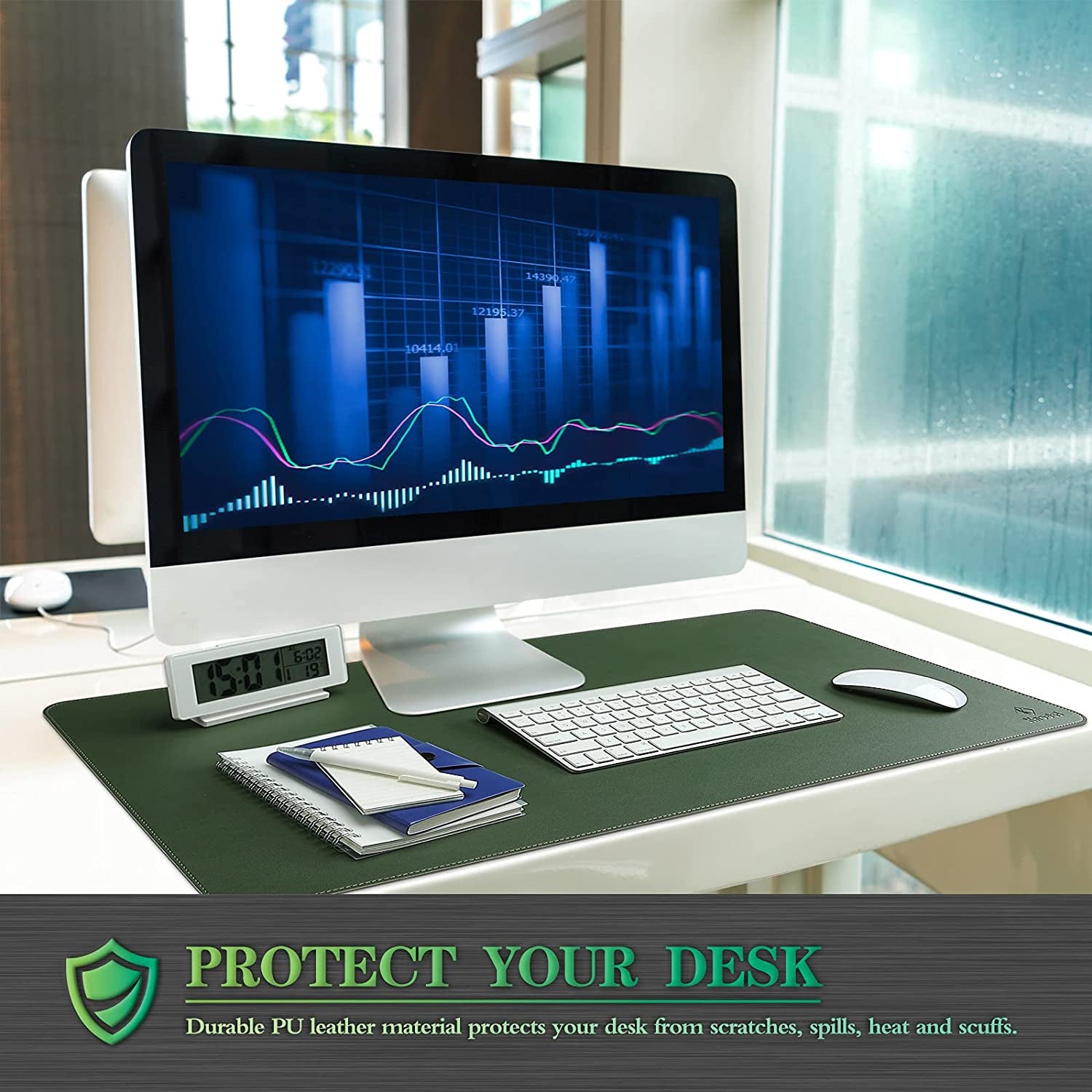 Large Sewing Leather Desk Mat, Desk Pad (Dark Green, 31.5"X15.7") | Mouse and Keyboard Pad, PVC Computer and Laptop Mat, Desktop Protector and Cover, Writing Pad and Blotter for Home Office