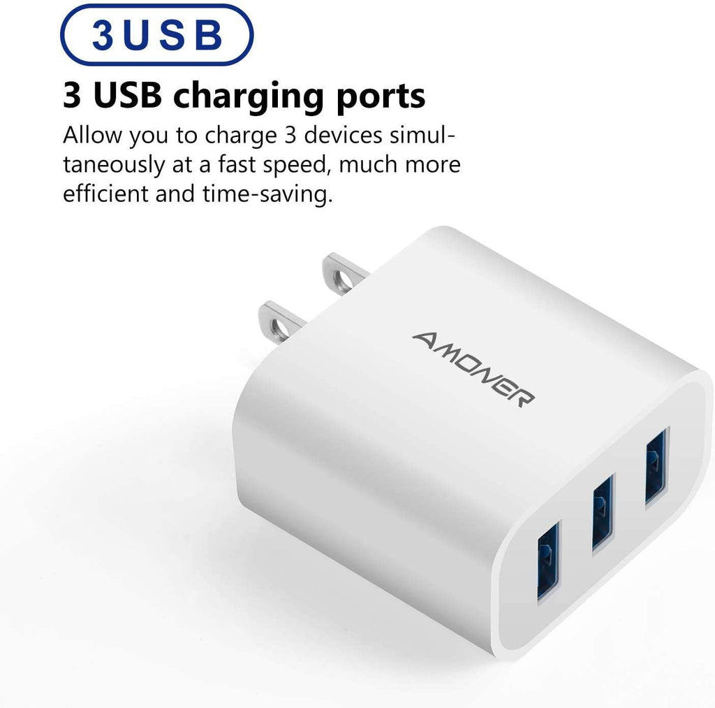 USB Wall Charger,  2Pack 15W 3-Port USB Charger Block Iphone Cube Charging Blocks for Iphone 14/13/12/11/X/XR/X/8/7/6, Galaxy, Android Phones and More | Fits Iphone 16/15/14/13/12/11/X/8, Galaxy, Android&Ipad Smart IC Fast Charge, 3 USB Ports for Home, Of