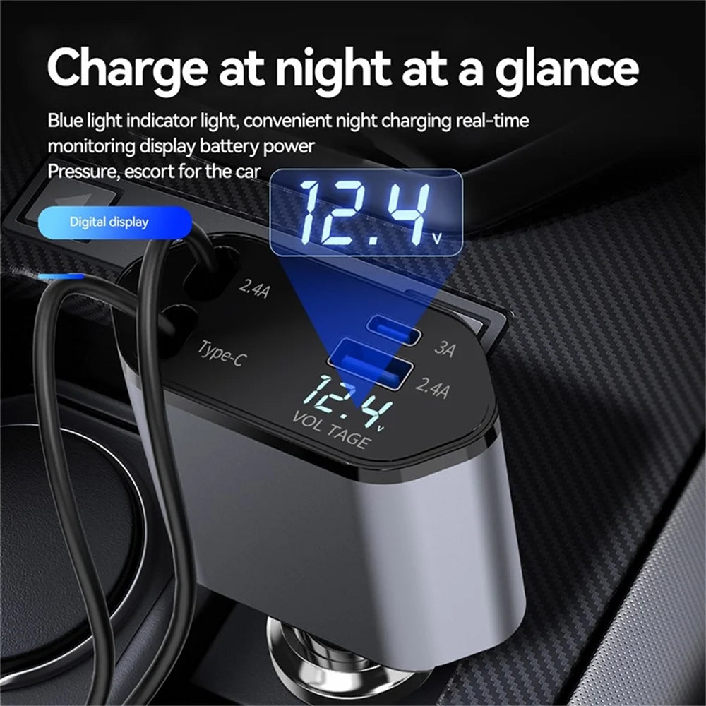 4 in 1 Retractable Car Charger, 120W Fast Car Phone Charger with Iphone and Type C Cable and 2 Charging Ports Car Charger Adapter