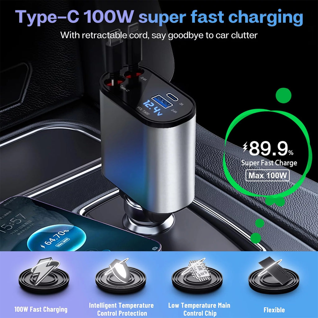 4 in 1 Retractable Car Charger, 120W Fast Car Phone Charger with Iphone and Type C Cable and 2 Charging Ports Car Charger Adapter