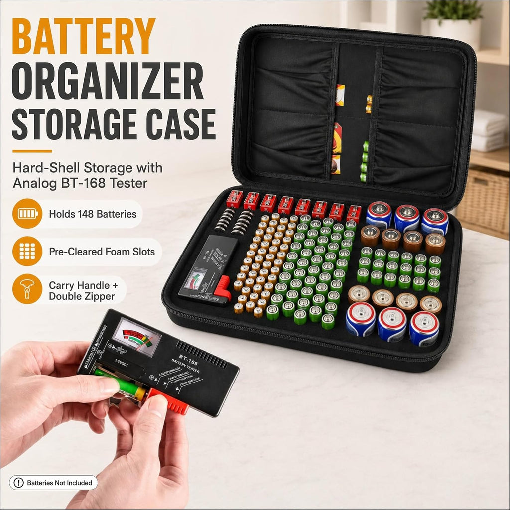 Battery Storage Case with Tester, Holds 148+ AA AAA C D 9V, Black | Hard-Shell Design, Carry Handle and Custom Foam Slots Keep Batteries Visible, Separated and Ready for Home, Garage or Office