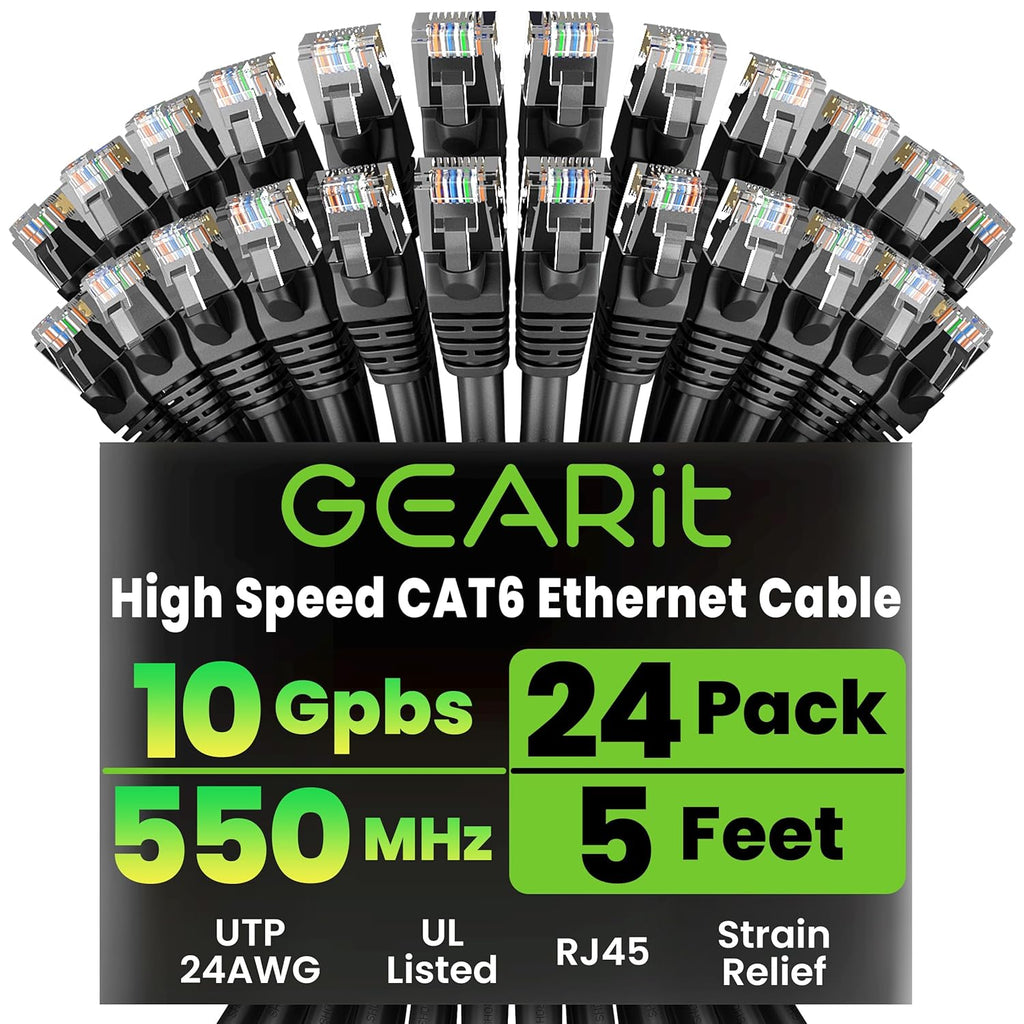 Cat6 Patch Cables Cat 6 Ethernet Cable 5 Ft 24-Pack Black | High Speed 24AWG 10Gbps RJ45 Snagless Gold-Plated, Ethernet Cable for Router, Switch, PC, PS5 Gaming, Server
