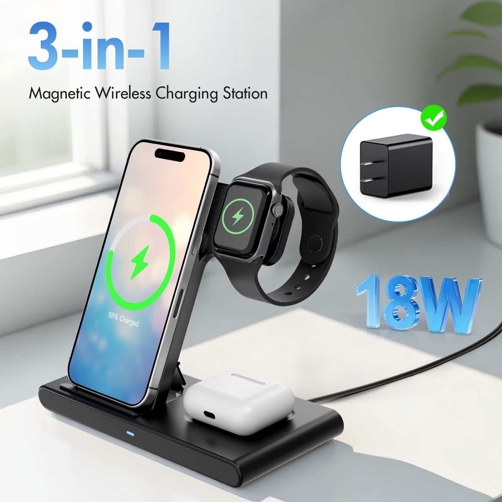 Wireless Charger,15W Wireless Charging Station Compatible with Iphone 17 16 15 14 13 12 11 8 Pro Max Mini plus X XR XS Max SE Plus,For Iwatch 10 9 8 7 6 5 4 3 2 SE Ultra,For Airpods 4 3 2