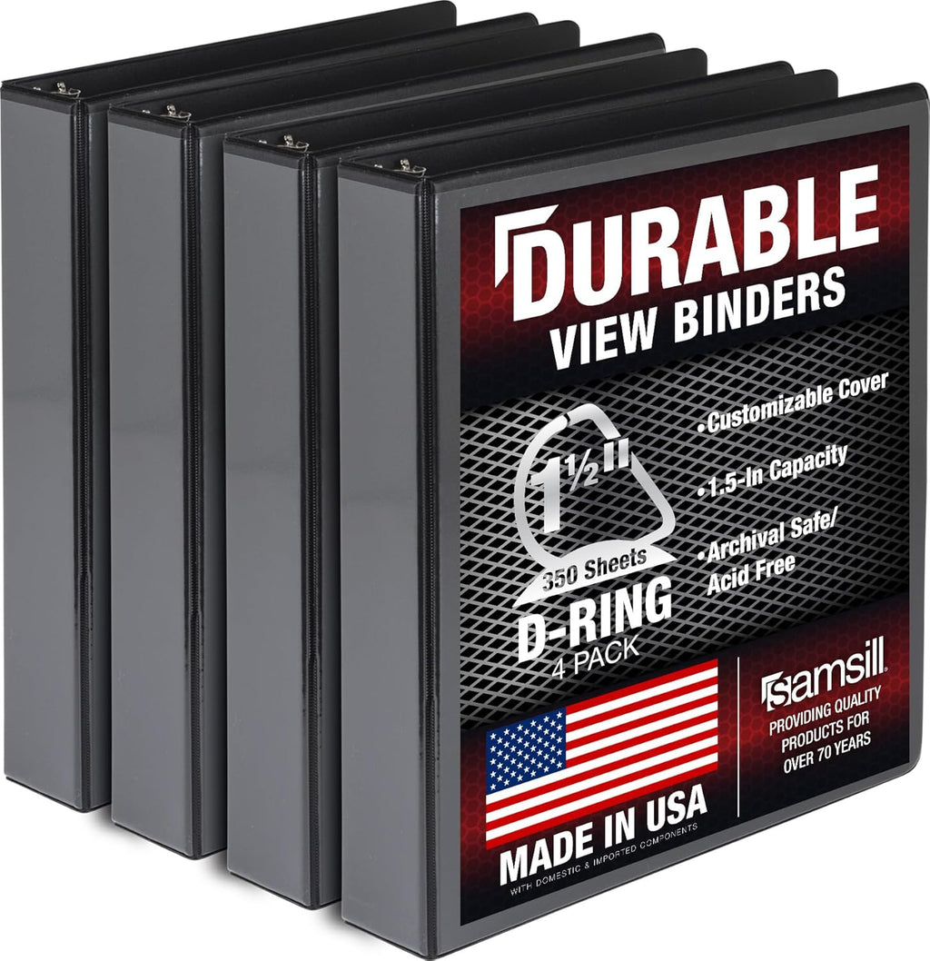 Durable 1.5 Inch 3 Ring Binder, D Ring Binder, 100% Recycled Chipboard, Black, 4 Pack