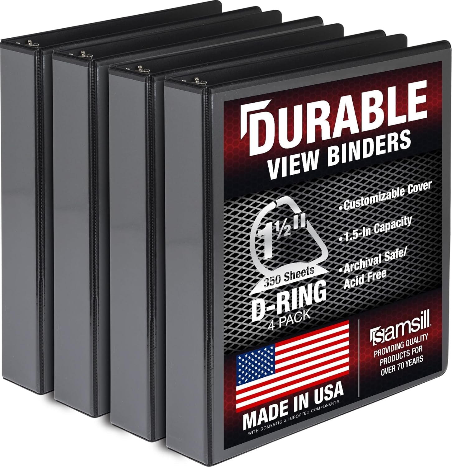 Durable 1.5 Inch 3 Ring Binder, D Ring Binder, 100% Recycled Chipboard, Black, 4 Pack
