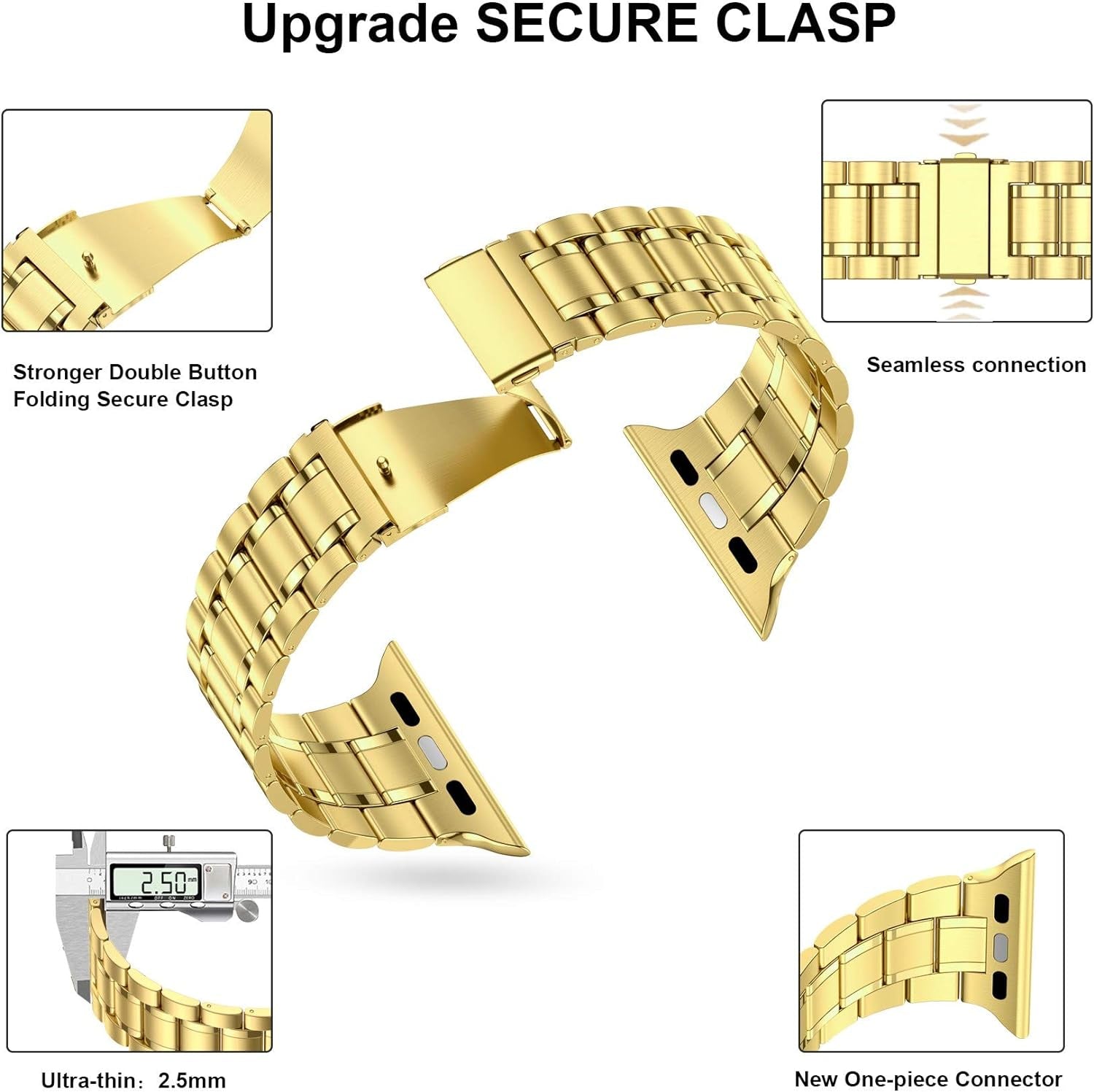 Stainless Steel Bands for Apple Watch 45Mm 44Mm 42Mm(Series 3/2/1) | Adjustable Metal Strap with Soft TPU Case for Women and Men, Fits Iwatch Bands Series 9 8 7 6 5 4 3 2 1, SE3, SE2, SE, Gold