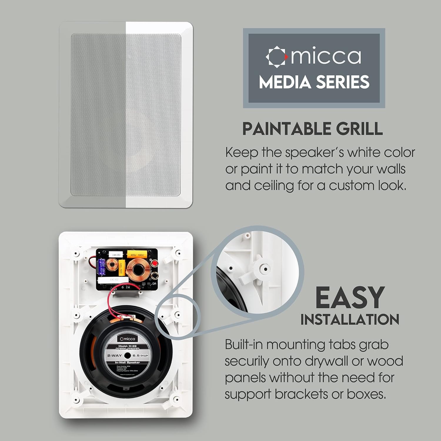M-6S 6.5-Inch 2-Way In-Wall/Ceiling Speaker, Each, Paintable, White | 7.3 X 10.7-Inch Cutout, Home Theater, Whole House Audio, Indoor or Covered Outdoor, 6.5" Woofer, 1" Aimable Silk Tweeter