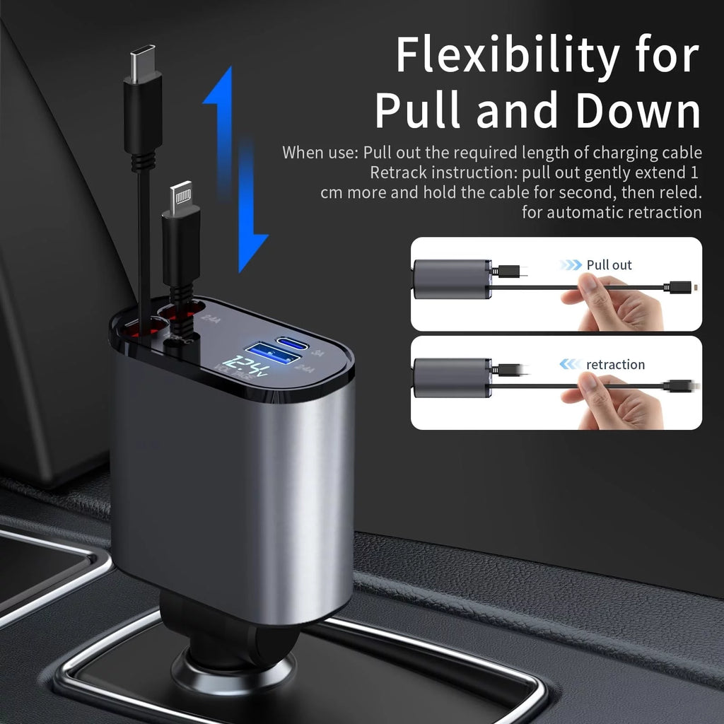 4 in 1 Retractable Car Charger, 120W Fast Car Phone Charger with Iphone and Type C Cable and 2 Charging Ports Car Charger Adapter