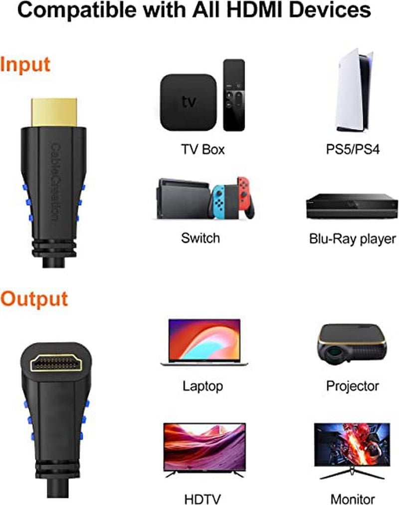4K 60HZ HDMI Cable Right Angle 90 Degree, Ultra HD, 6Ft Black | High Speed HDMI 2.0 Cable Cord, 18Gbps, 4K@60Hz, Ultra HD, 3D, for PC, Laptop, Monitor, PS5, Blu-Ray, Xbox, Fire TV and More