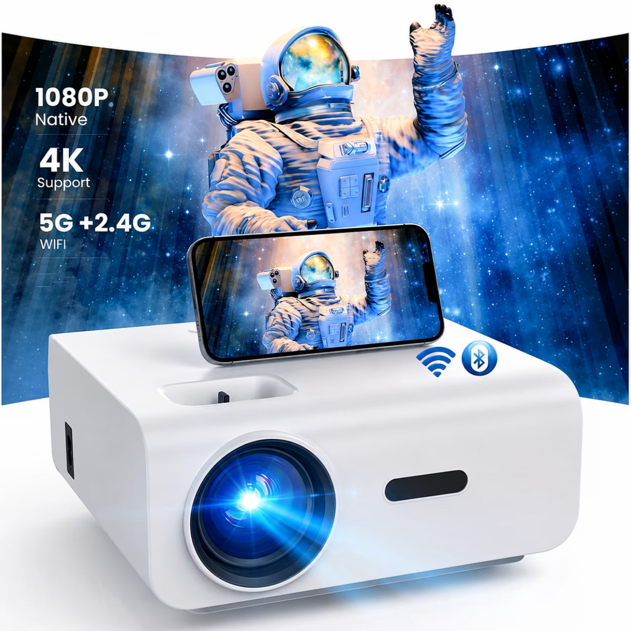 Native 1080P Mini Projector, Support 4K Projector with Wifi and Bluetooth, 300 ANSI Lumens Movie Projector Includes 100" Projector Screen, Home Theater Projector Compatible with PC & Phones