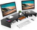 Dual Monitor Stand Riser, Adjustable Length and Angle, Black | Wooden 3-Shelf Design, Supports up to 55Lbs, Flexible for Standard Corner Space, Holds Monitor, Laptop, Phone, Printer