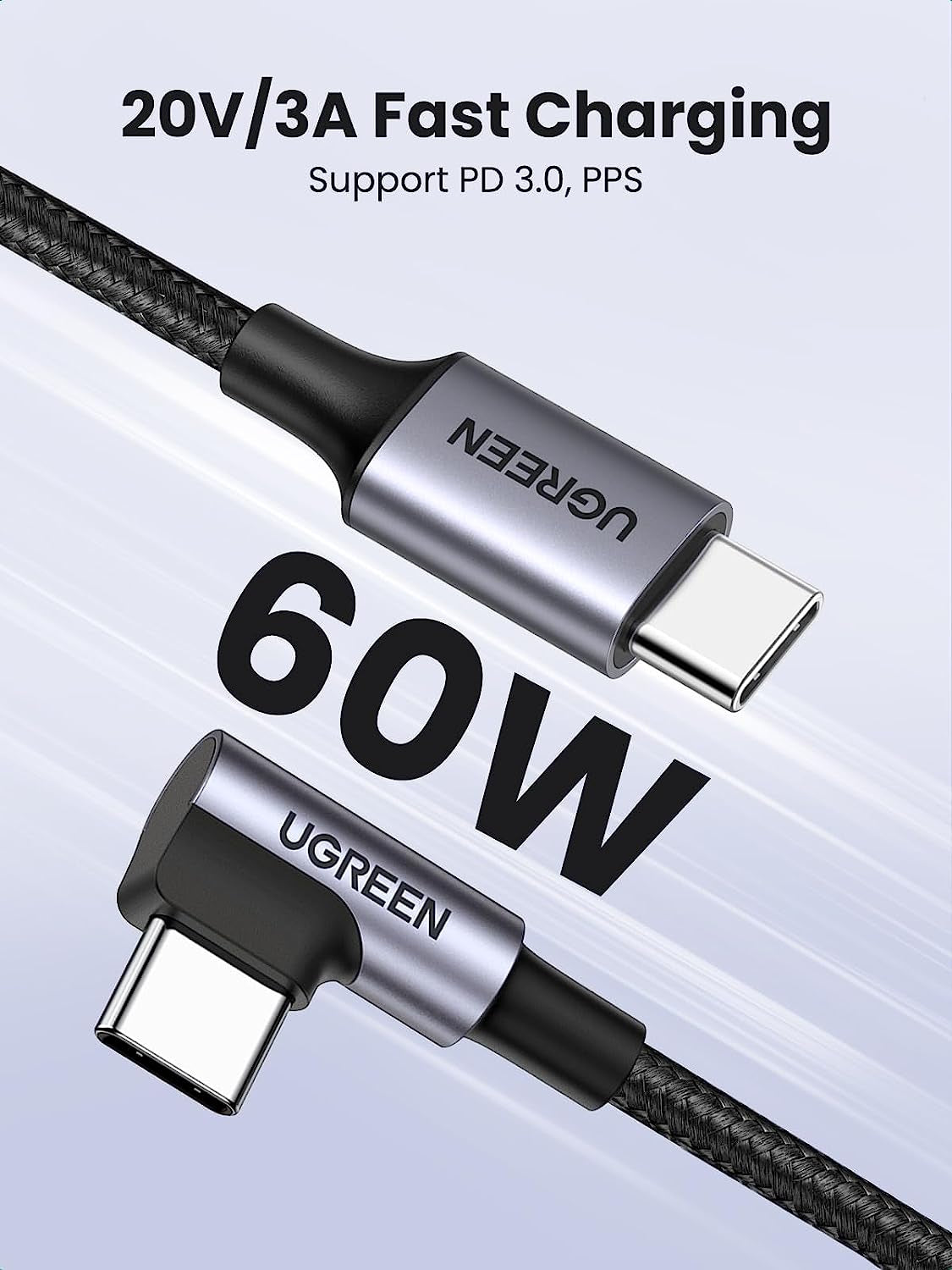 UGREEN 60W Right Angle USB C Cable, Fast Charging Cable, 2-Pack, 6.6Ft | 90° Angled Connector for Gaming & Bedside. for Iphone 17/16/15, Macbook, Galaxy S26/S25, Ipad, Pixel, Switch