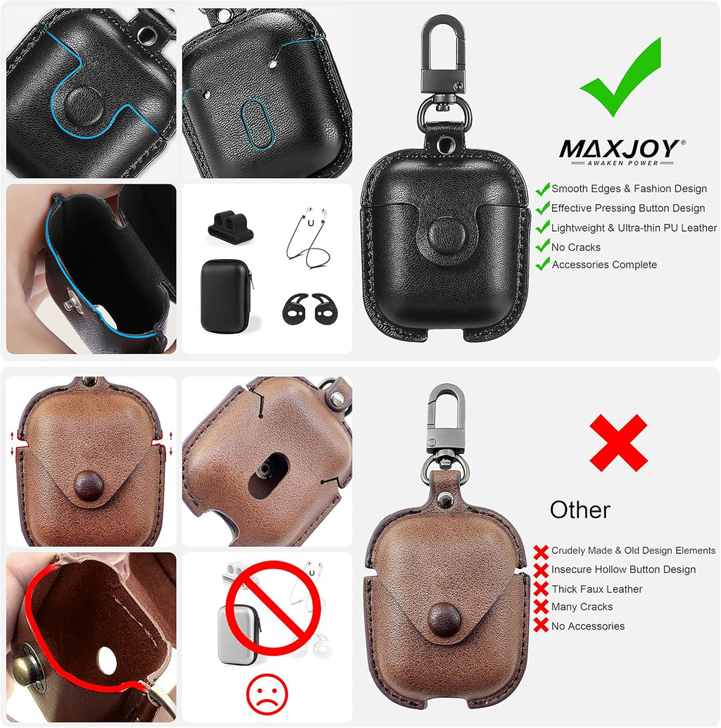 for Airpods 1/2 Case Case Leather with Keychain, Black | Soft PU Leather, One Piece Airpods Airpods 1St & 2Nd Case, Shockproof Protective Cover, Front LED Charging Visible