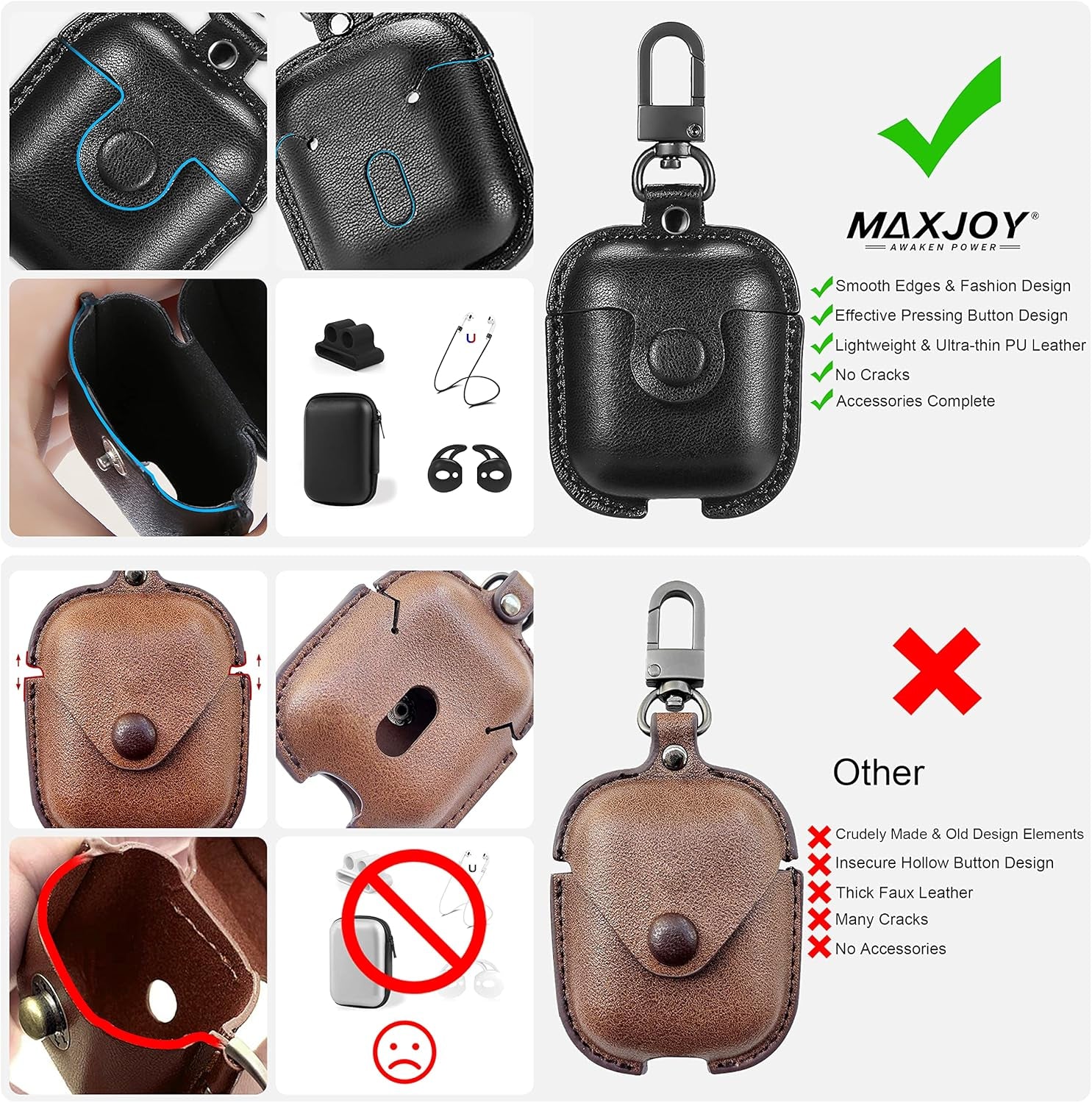 for Airpods 1/2 Case Case Leather with Keychain, Black | Soft PU Leather, One Piece Airpods Airpods 1St & 2Nd Case, Shockproof Protective Cover, Front LED Charging Visible