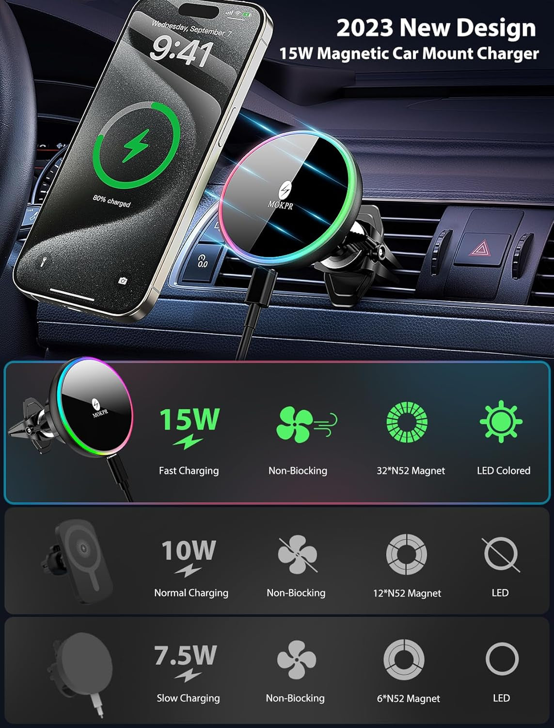 For Magsafe Car Mount Charger 15W LED RGB Car Phone Holder for Dash Vent | Handsfree Magnetic Wireless Car Charger Car Mount Fast Car Charger for Iphone 17 16 15/14/13/12 Series