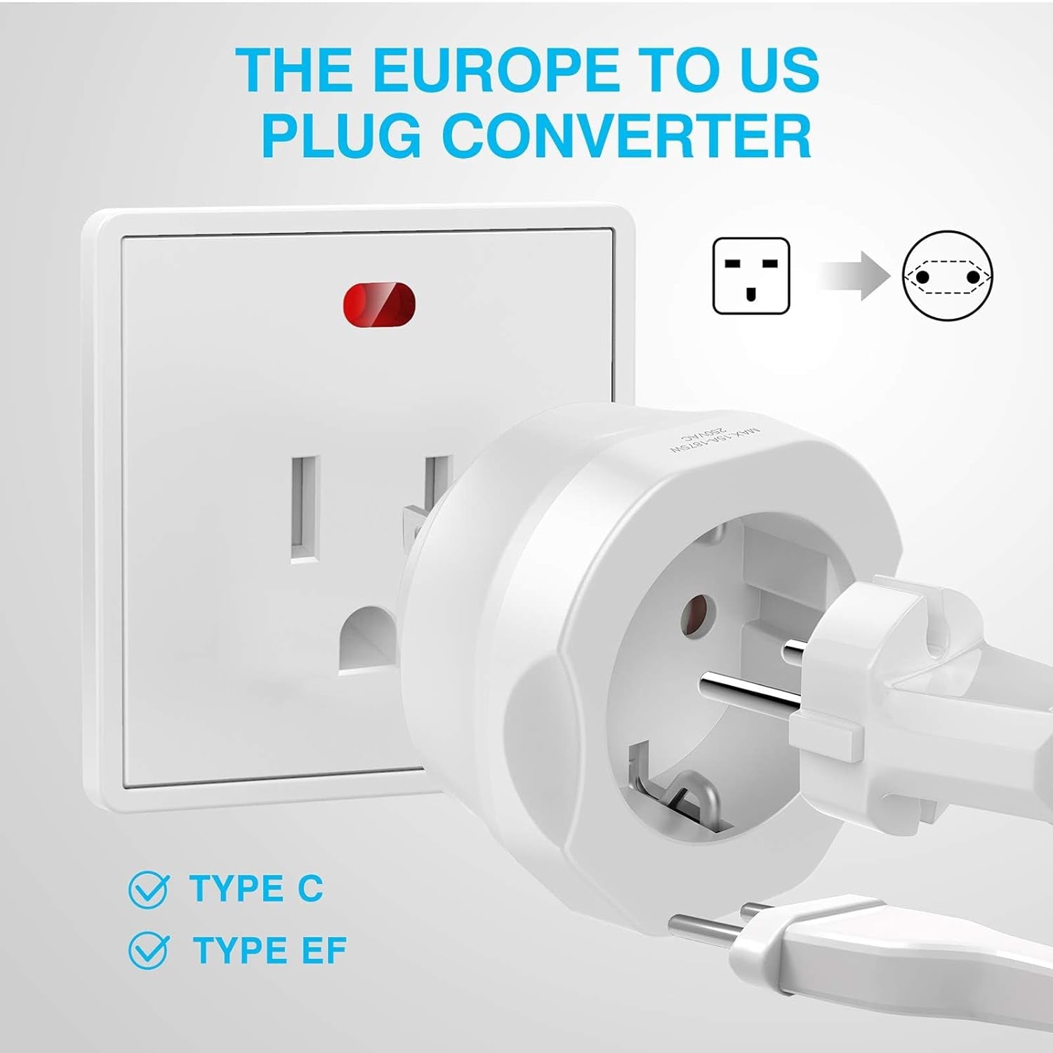 European to US Plug Adapter, EU to US Travel Plug Converter, 1 Pack | Europe to USA Adapter, for Most of EU Spain France Type C E F Plugs to America, Adapter Grounded
