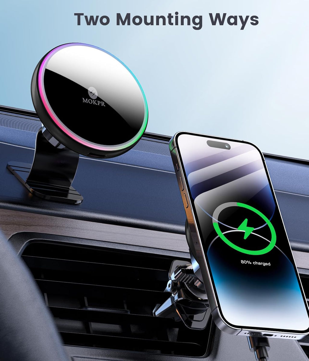 For Magsafe Car Mount Charger 15W LED RGB Car Phone Holder for Dash Vent | Handsfree Magnetic Wireless Car Charger Car Mount Fast Car Charger for Iphone 17 16 15/14/13/12 Series