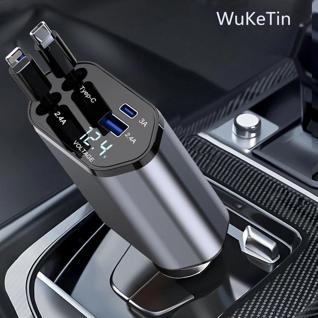 4 in 1 Retractable Car Charger, 120W Fast Car Phone Charger with Iphone and Type C Cable and 2 Charging Ports Car Charger Adapter