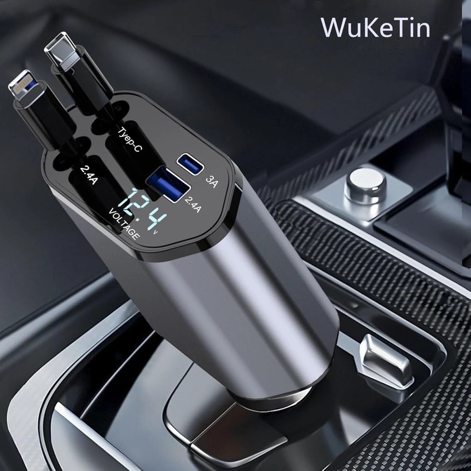 4 in 1 Retractable Car Charger, 120W Fast Car Phone Charger with Iphone and Type C Cable and 2 Charging Ports Car Charger Adapter