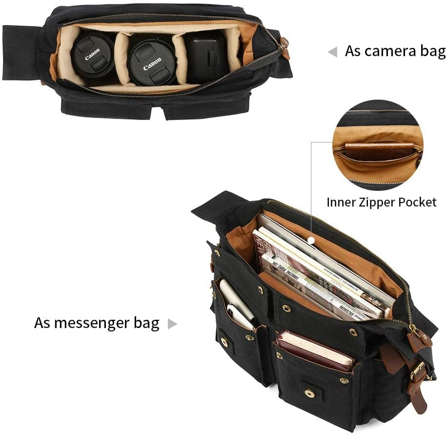 Vintage Leather Canvas DSLR SLR Camera Bags for Men | Leather & Canvas, Vintage. Adjustable Padded Dividers Fit Dslr/Lenses. Card Pockets. Ideal for Travel, Office & Daily