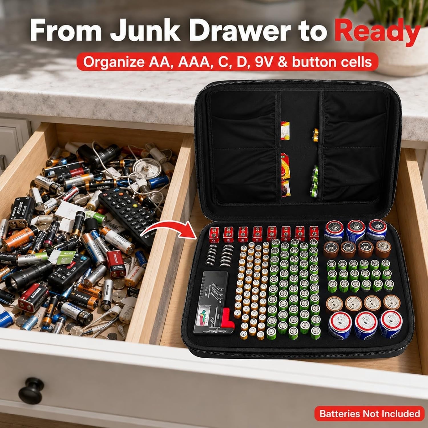 Battery Storage Case with Tester, Holds 148+ AA AAA C D 9V, Black | Hard-Shell Design, Carry Handle and Custom Foam Slots Keep Batteries Visible, Separated and Ready for Home, Garage or Office