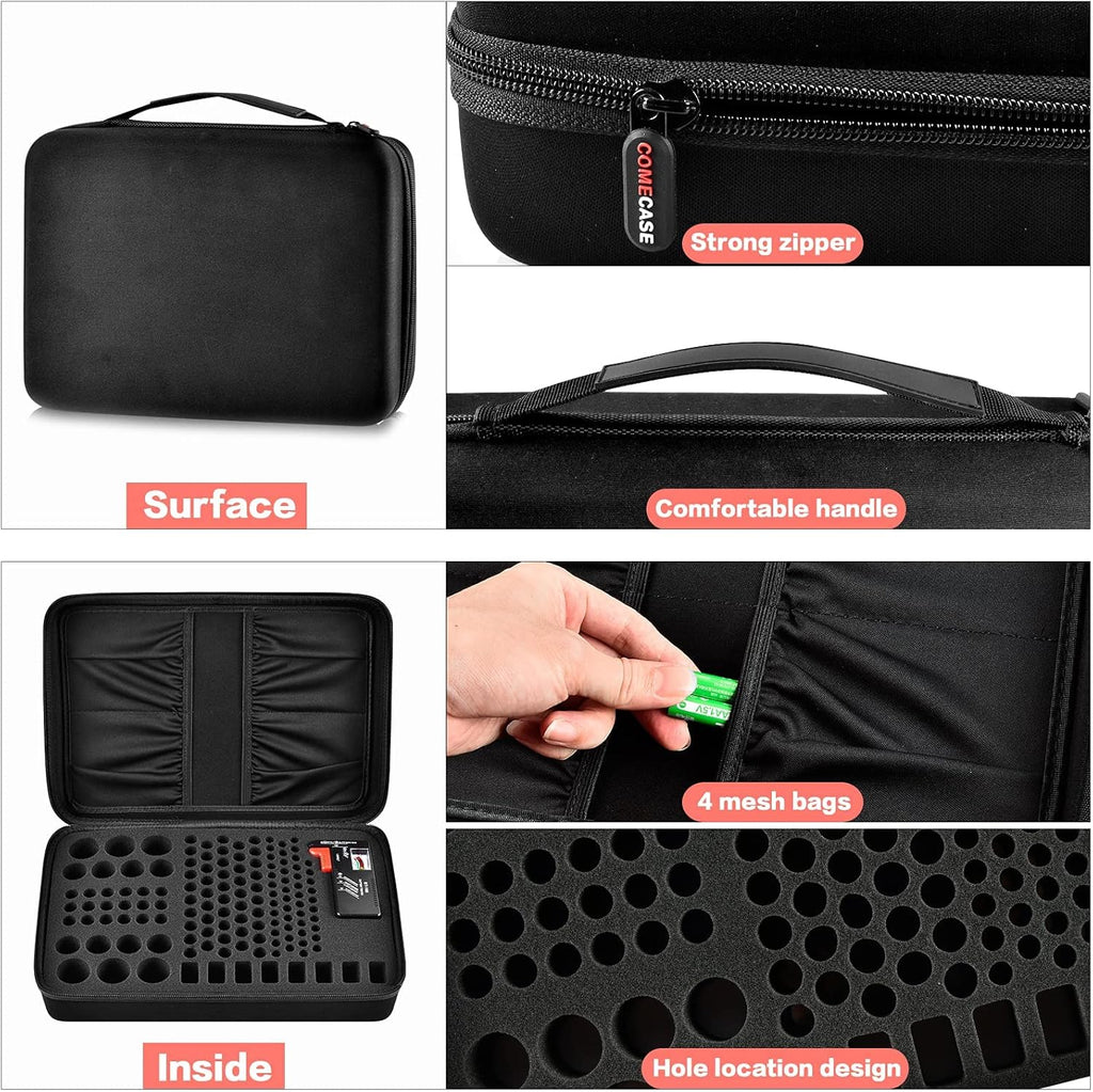Battery Storage Case with Tester, Holds 148+ AA AAA C D 9V, Black | Hard-Shell Design, Carry Handle and Custom Foam Slots Keep Batteries Visible, Separated and Ready for Home, Garage or Office