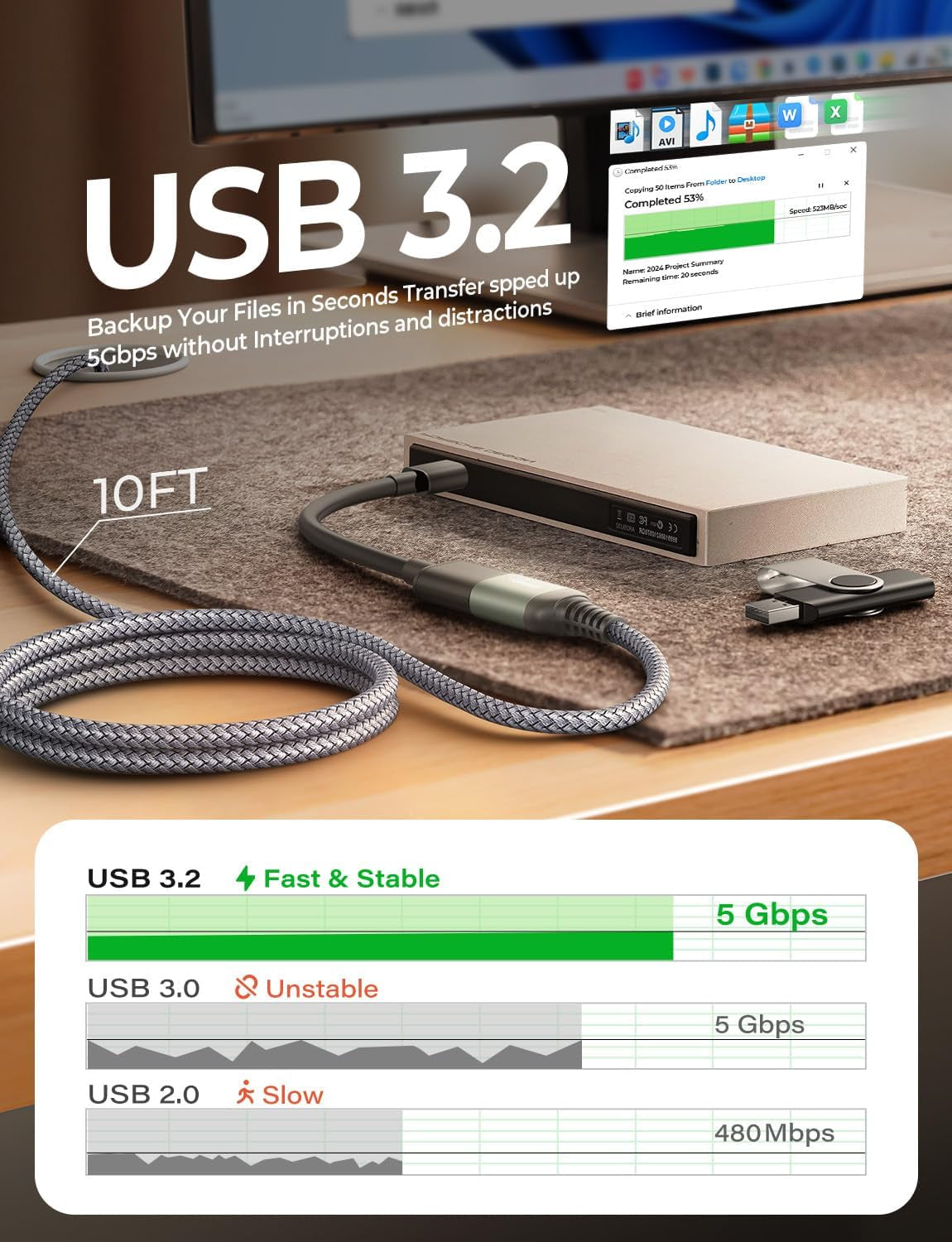 USB Extension Cable 10FT USB 3.0 Extender Male to Female Cord Grey | 5Gbps High Data Transfer for Printer Webcam Flash Drive Hard Drive Hub Keyboard Mouse Camera Playstation Xbox and More
