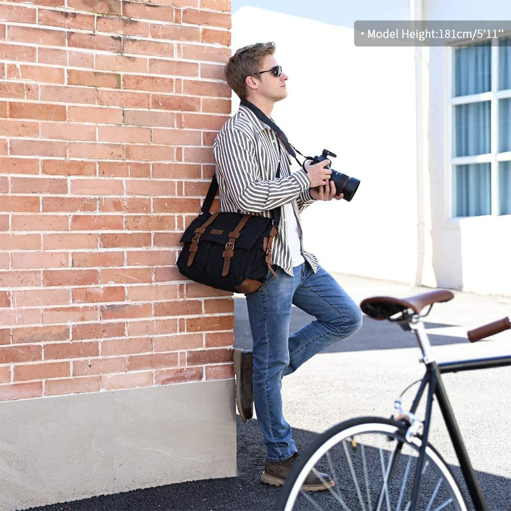 Vintage Leather Canvas DSLR SLR Camera Bags for Men | Leather & Canvas, Vintage. Adjustable Padded Dividers Fit Dslr/Lenses. Card Pockets. Ideal for Travel, Office & Daily