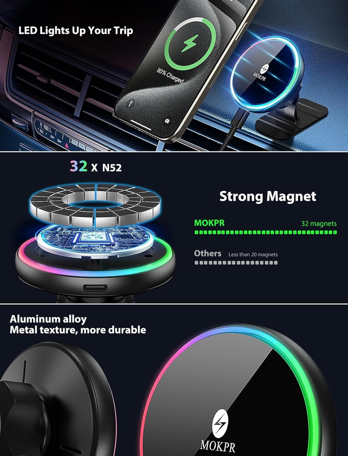 For Magsafe Car Mount Charger 15W LED RGB Car Phone Holder for Dash Vent | Handsfree Magnetic Wireless Car Charger Car Mount Fast Car Charger for Iphone 17 16 15/14/13/12 Series