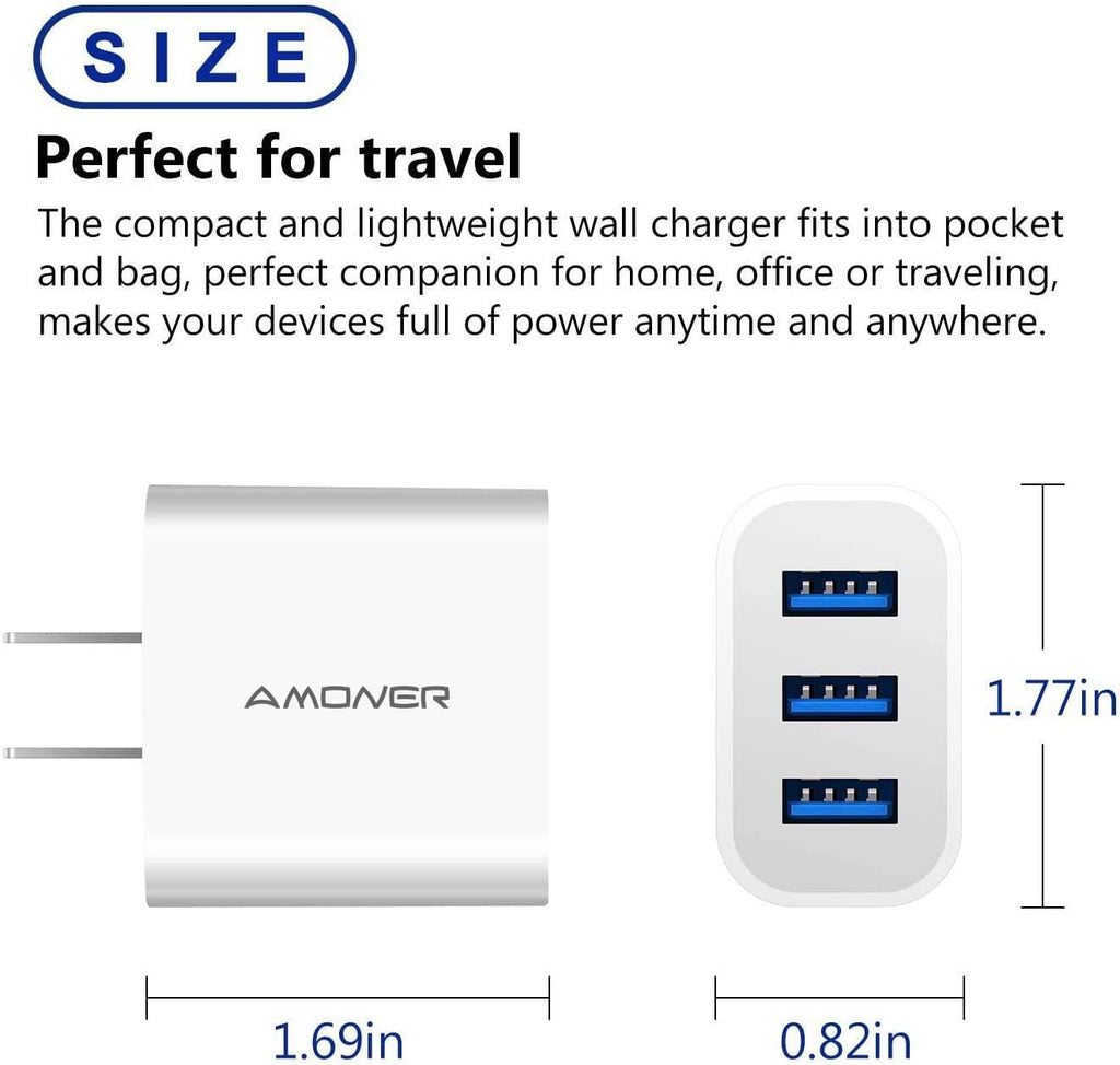 USB Wall Charger,  2Pack 15W 3-Port USB Charger Block Iphone Cube Charging Blocks for Iphone 14/13/12/11/X/XR/X/8/7/6, Galaxy, Android Phones and More | Fits Iphone 16/15/14/13/12/11/X/8, Galaxy, Android&Ipad Smart IC Fast Charge, 3 USB Ports for Home, Of