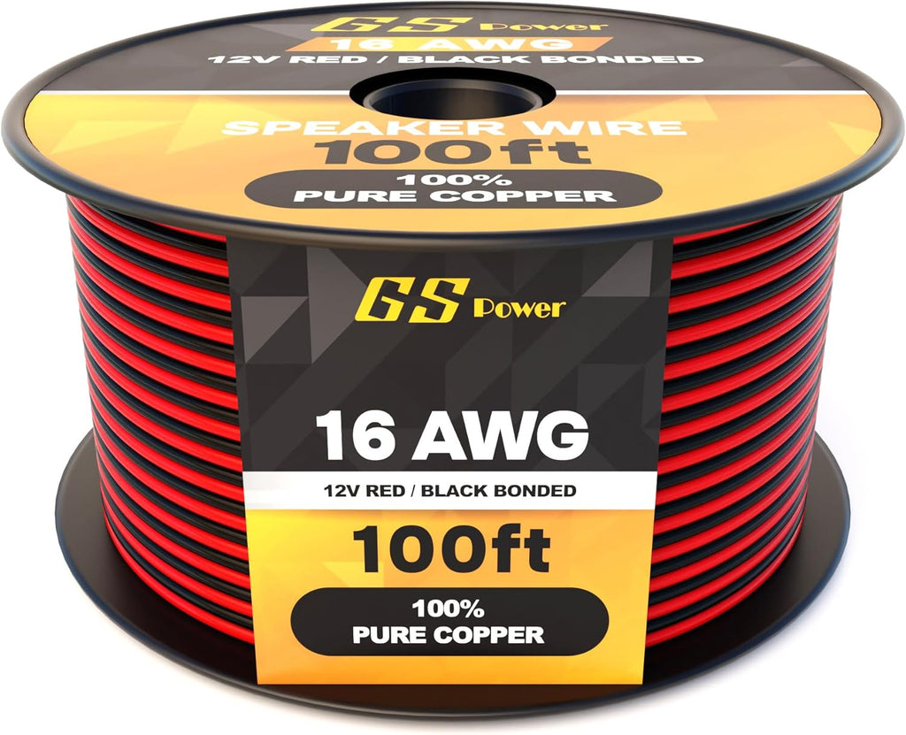 16 AWG Wire 100Ft - OFC Copper Automotive Speaker Wire Spool | 16 Gauge Stranded, 12V Low Voltage DC, Bonded Red Black Pair, Marine Trailer LED, 200Ft Total