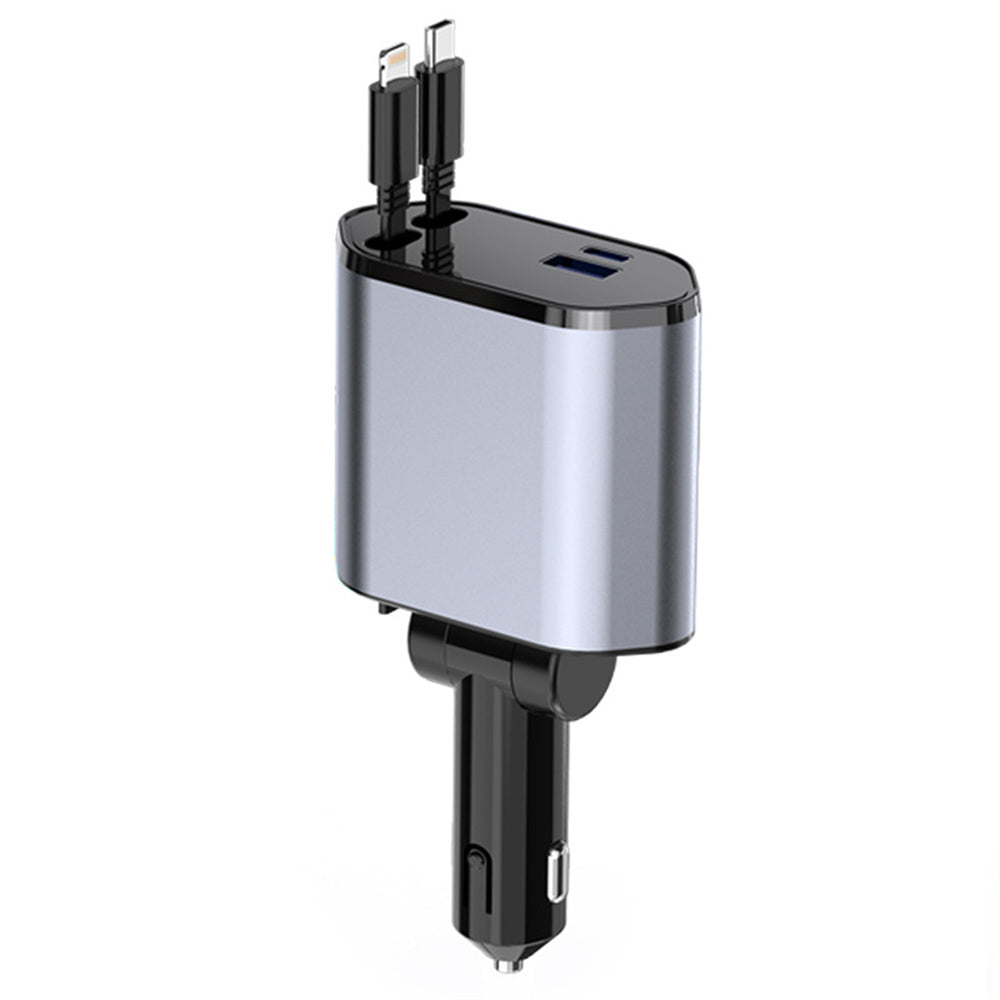 4 in 1 Retractable Car Charger, 120W Fast Car Phone Charger with Iphone and Type C Cable and 2 Charging Ports Car Charger Adapter