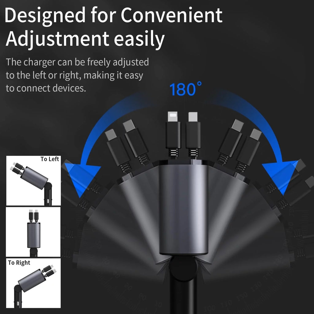 4 in 1 Retractable Car Charger, 120W Fast Car Phone Charger with Iphone and Type C Cable and 2 Charging Ports Car Charger Adapter
