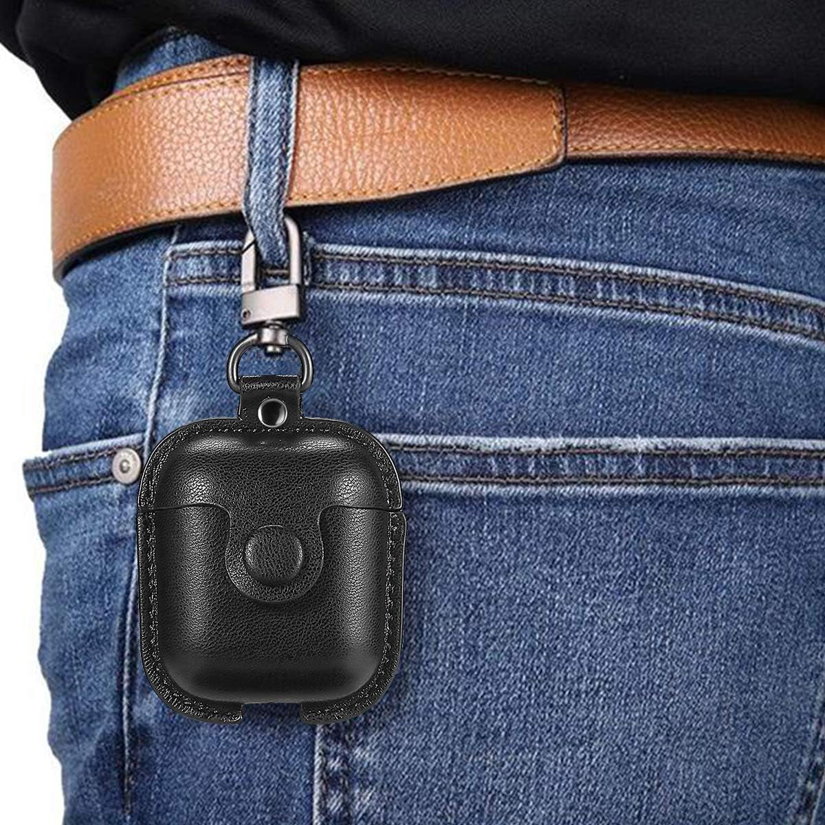 for Airpods 1/2 Case Case Leather with Keychain, Black | Soft PU Leather, One Piece Airpods Airpods 1St & 2Nd Case, Shockproof Protective Cover, Front LED Charging Visible