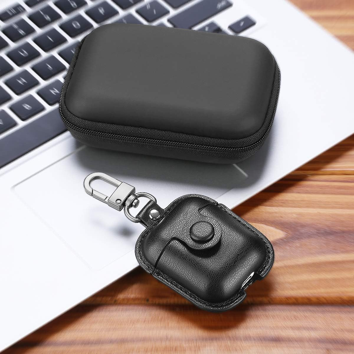 for Airpods 1/2 Case Case Leather with Keychain, Black | Soft PU Leather, One Piece Airpods Airpods 1St & 2Nd Case, Shockproof Protective Cover, Front LED Charging Visible