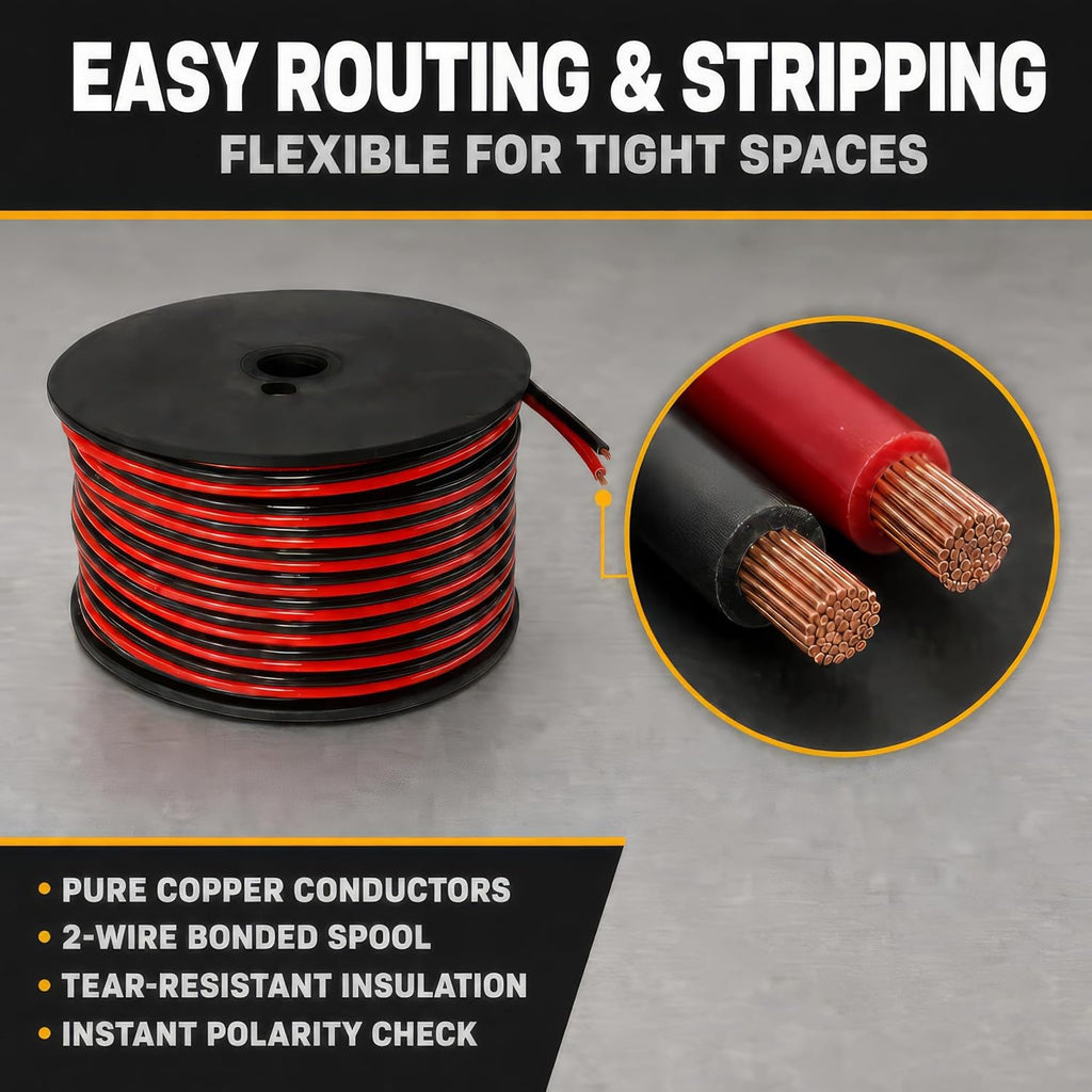16 AWG Wire 100Ft - OFC Copper Automotive Speaker Wire Spool | 16 Gauge Stranded, 12V Low Voltage DC, Bonded Red Black Pair, Marine Trailer LED, 200Ft Total