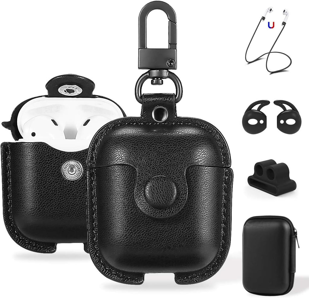 for Airpods 1/2 Case Case Leather with Keychain, Black | Soft PU Leather, One Piece Airpods Airpods 1St & 2Nd Case, Shockproof Protective Cover, Front LED Charging Visible