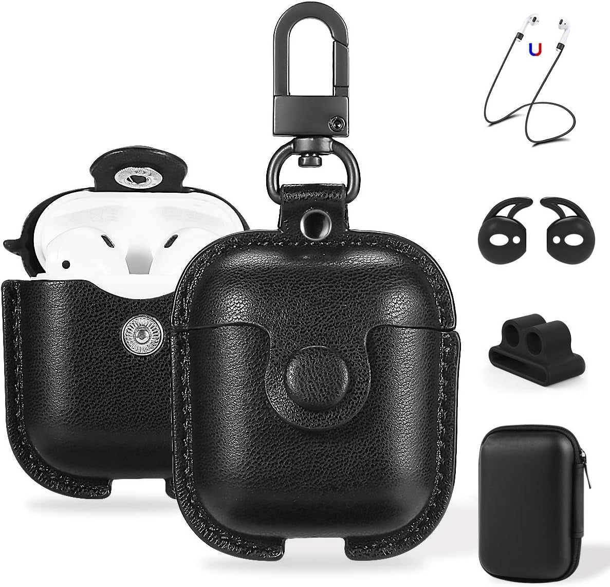 for Airpods 1/2 Case Case Leather with Keychain, Black | Soft PU Leather, One Piece Airpods Airpods 1St & 2Nd Case, Shockproof Protective Cover, Front LED Charging Visible